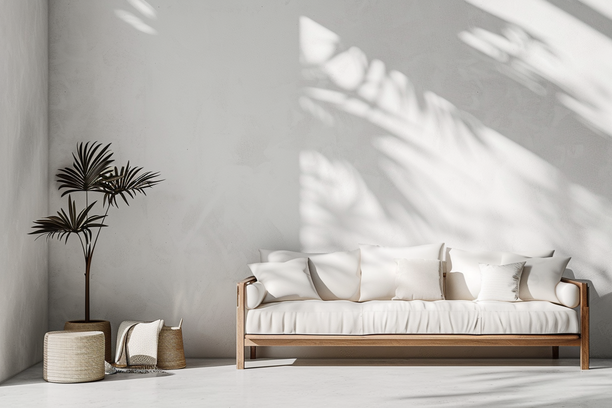Strak afgewerkte muur in een minimalistische woonkamer met bank en plant.