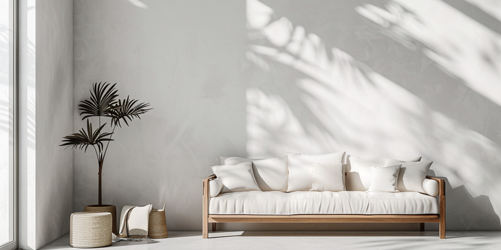 strakke-muur-afwerking-in-woonkamer Strak afgewerkte muur in een minimalistische woonkamer met bank en plant.