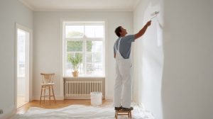 Schilder die een witte muur in een lichte woonkamer schildert met een verfroller.