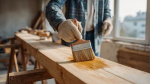Een persoon met werkhandschoenen brengt een beschermende houtolie aan met een kwast op een ruwe houten balk in een werkplaats