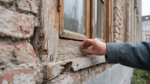 Close-up van een verweerd houten kozijn met afbladderende verf en rottend hout, waarbij een hand een beschadigd stuk hout vastpakt