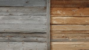 Verweerd houten gevelhout naast fris behandeld hout, met duidelijk kleurverschil tussen verweerde en beschermde planken
