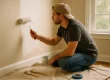 Persoon schildert muur met roller, verf zelf doen uitbesteden alternatief