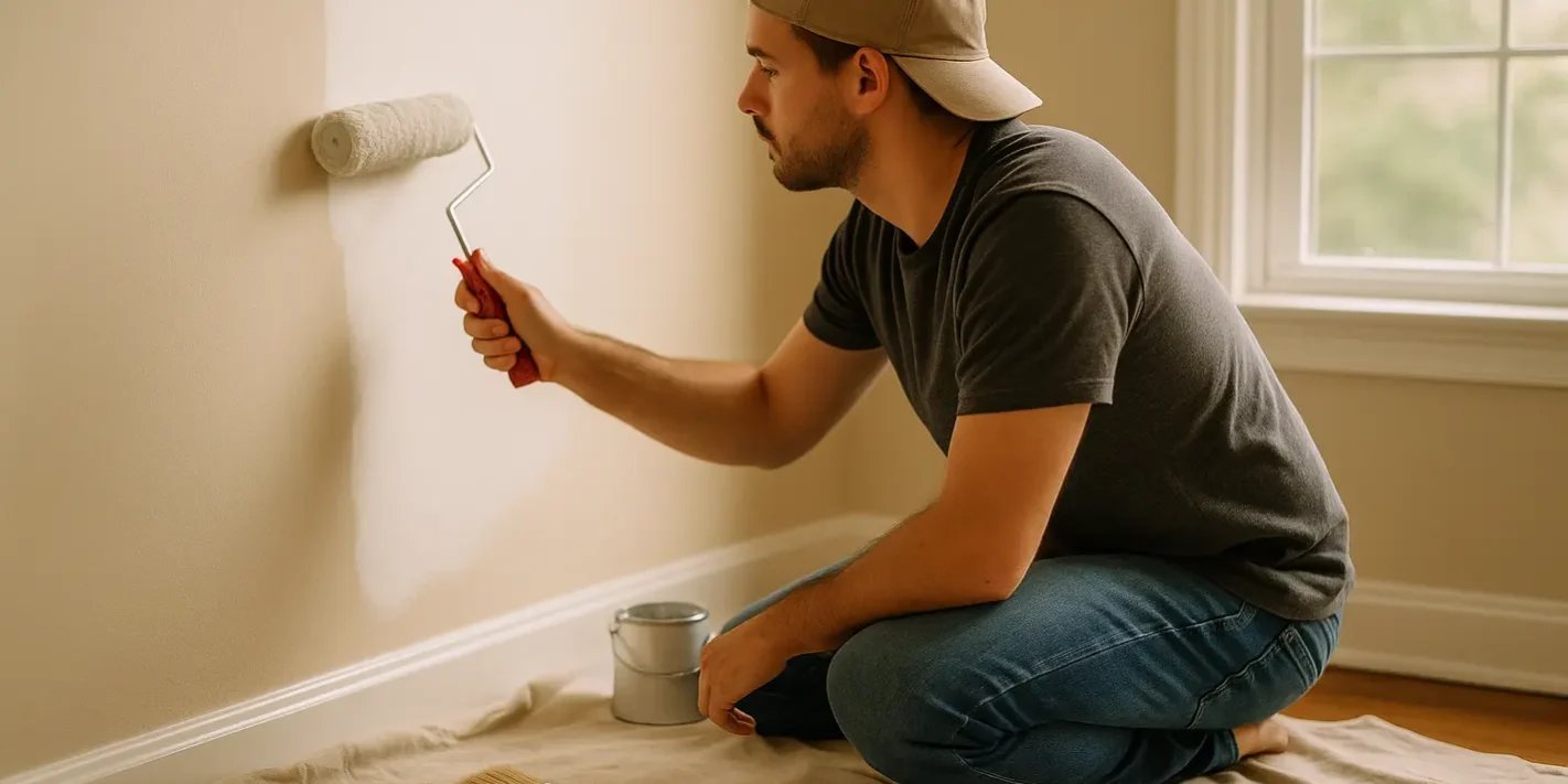 Persoon schildert muur met roller, verf zelf doen uitbesteden alternatief